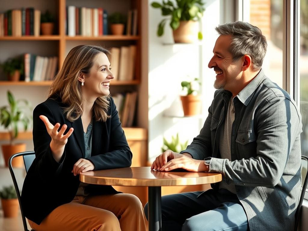dos personas conversan en un cafe luminoso expresiones calidas y confiadas