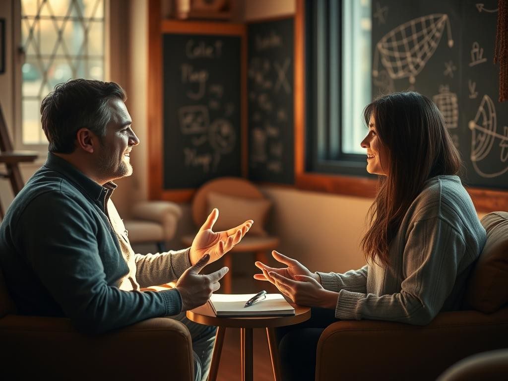 dos personas conversan en una habitacion calida iluminada suavemente