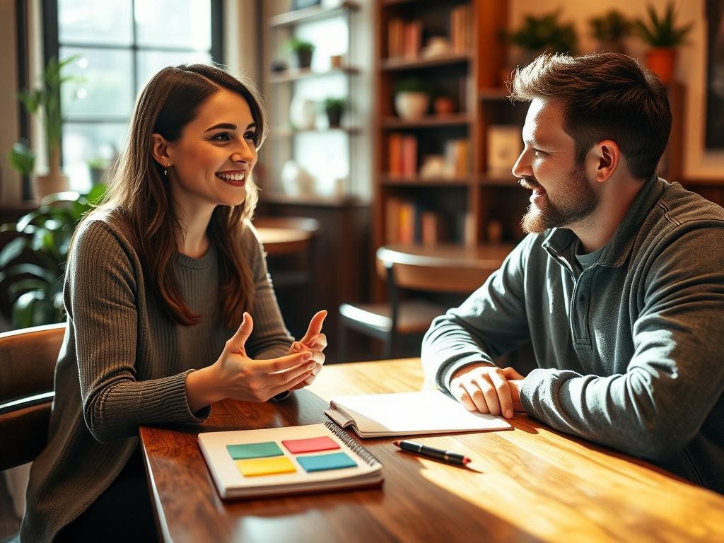 dos personas conversan en una mesa acogedora con luz calida y libros