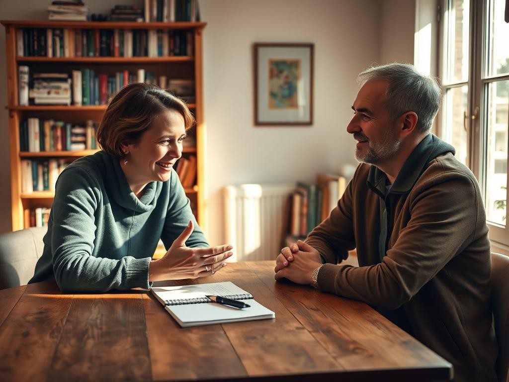 dos personas conversan en una mesa de madera iluminadas por luz natural calida