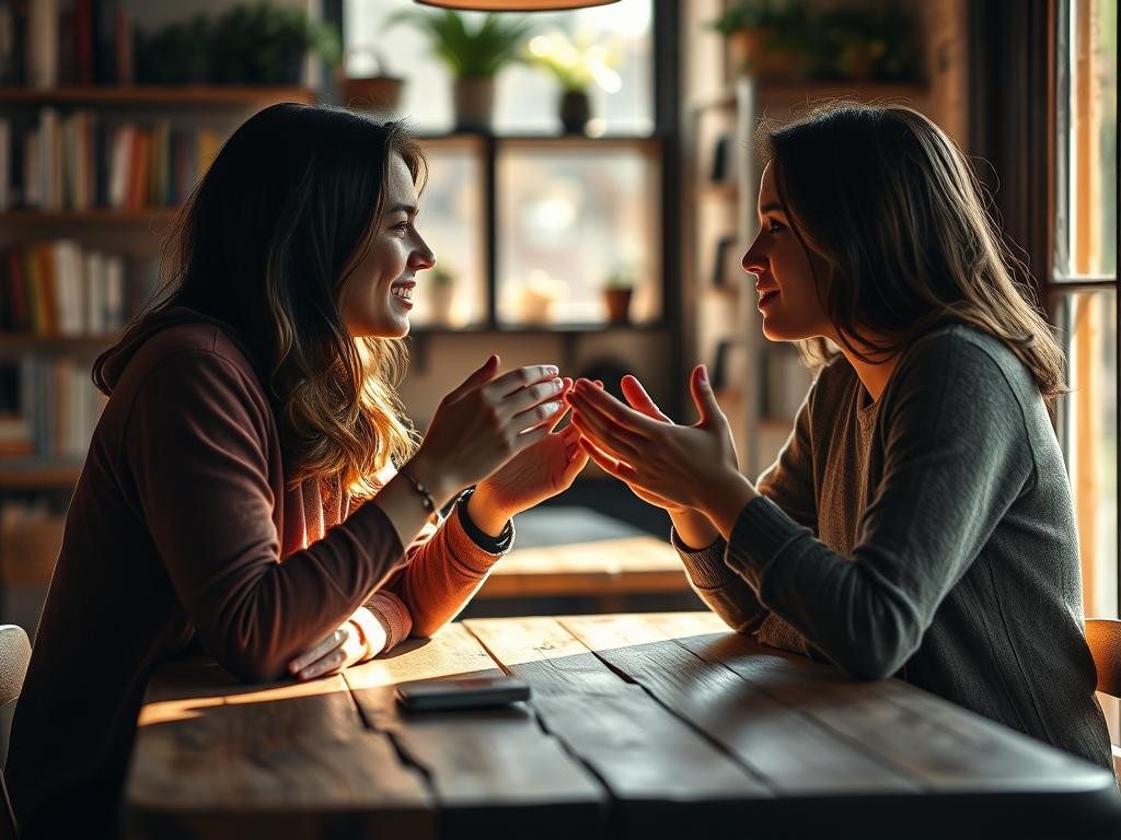 dos personas conversan intensamente en una mesa rustica iluminadas por luz calida