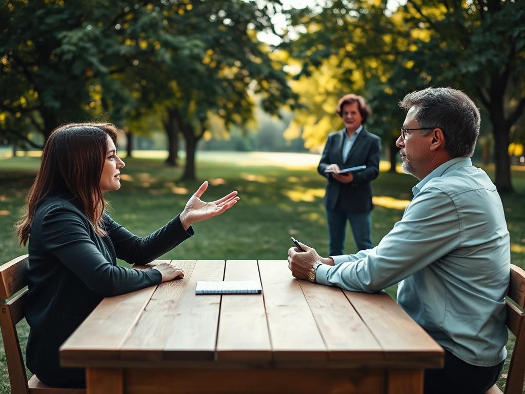 dos personas dialogan en un parque al atardecer rodeadas de naturaleza