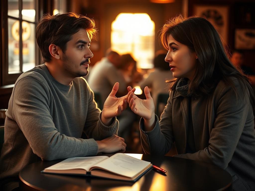 dos personas en un cafe luz calida conversacion intima y gestos expresivos