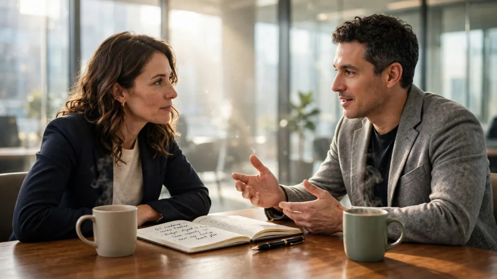 dos profesionales conversan de forma empatica en una oficina