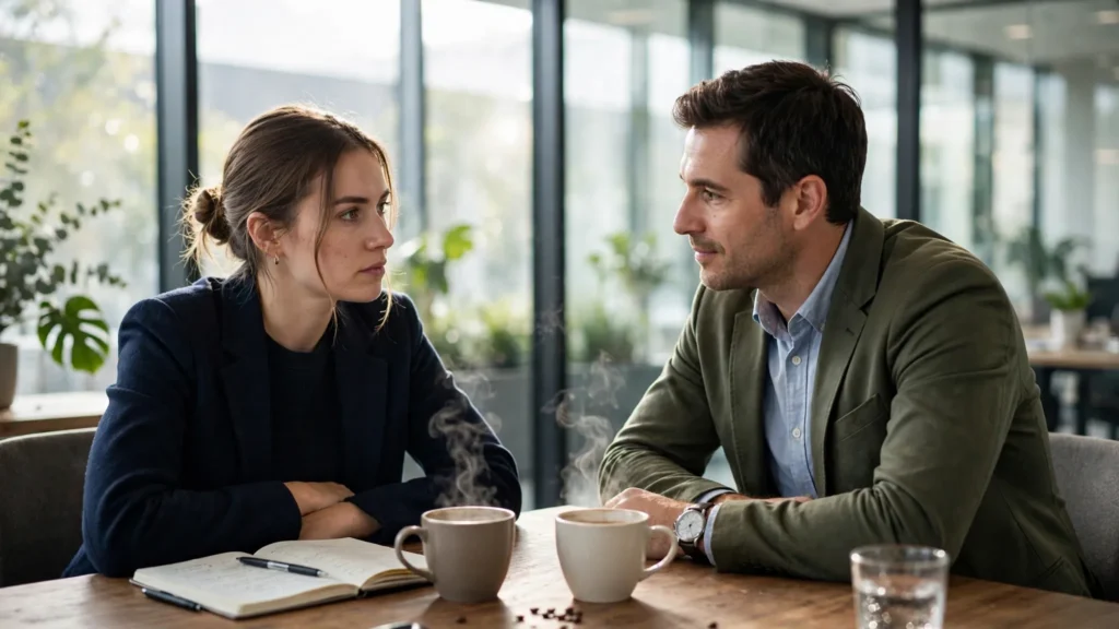 dos profesionales dialogando tranquilos en una mesa de oficina