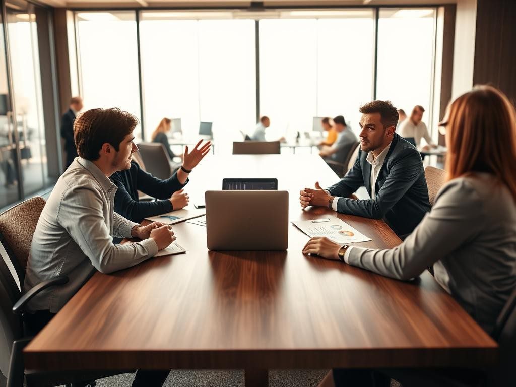 dos profesionales en una sala moderna conversan con confianza y atencion