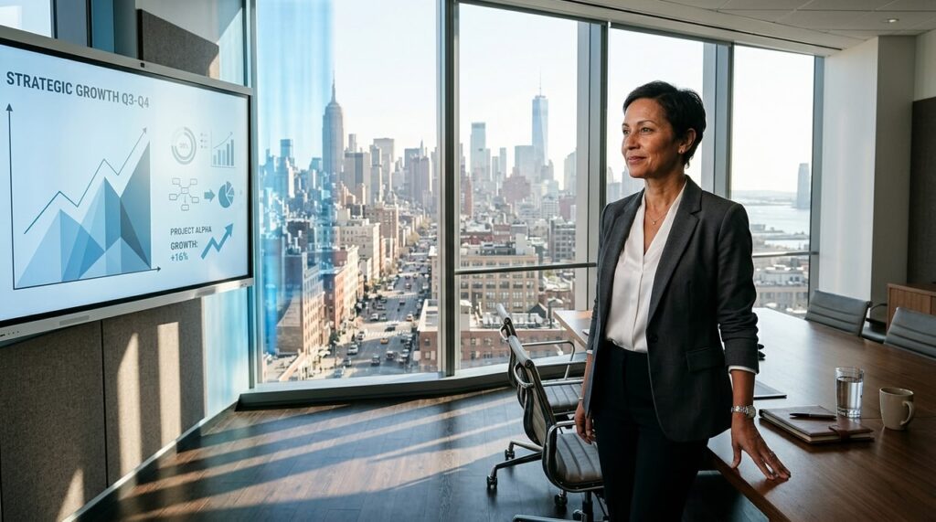ejecutiva contemplando la ciudad desde un salon corporativo