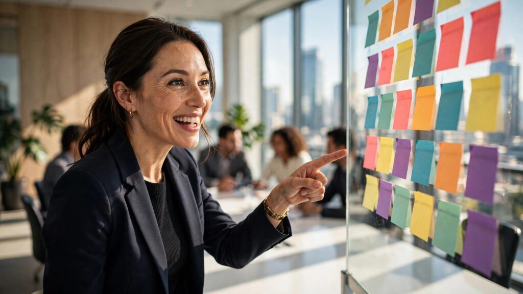 ejecutiva sonriente ante una pizarra con notas de colores