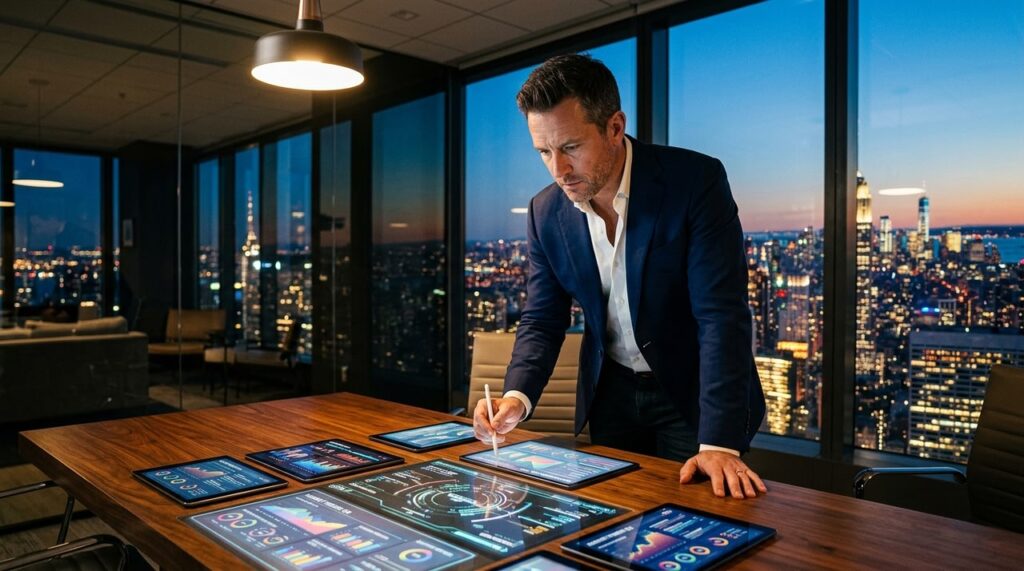 ejecutivo analizando graficos digitales en sala corporativa