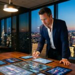 ejecutivo analizando graficos digitales en sala corporativa