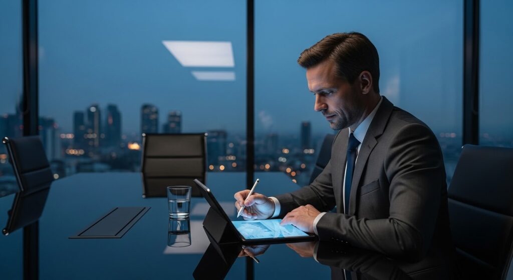 ejecutivo enfocado con tablet en oficina corporativa elegante d4