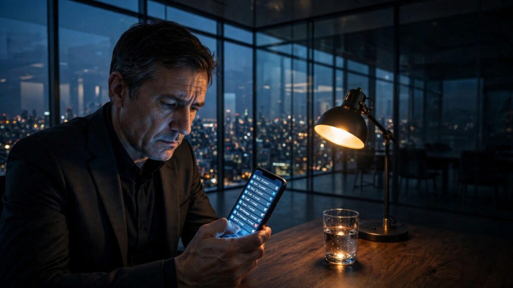 ejecutivo estresado solo en la oficina mirando el celular