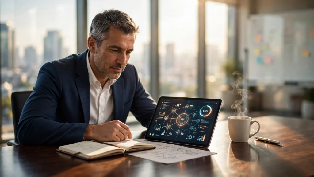 ejecutivo revisando notas en sala de juntas iluminada