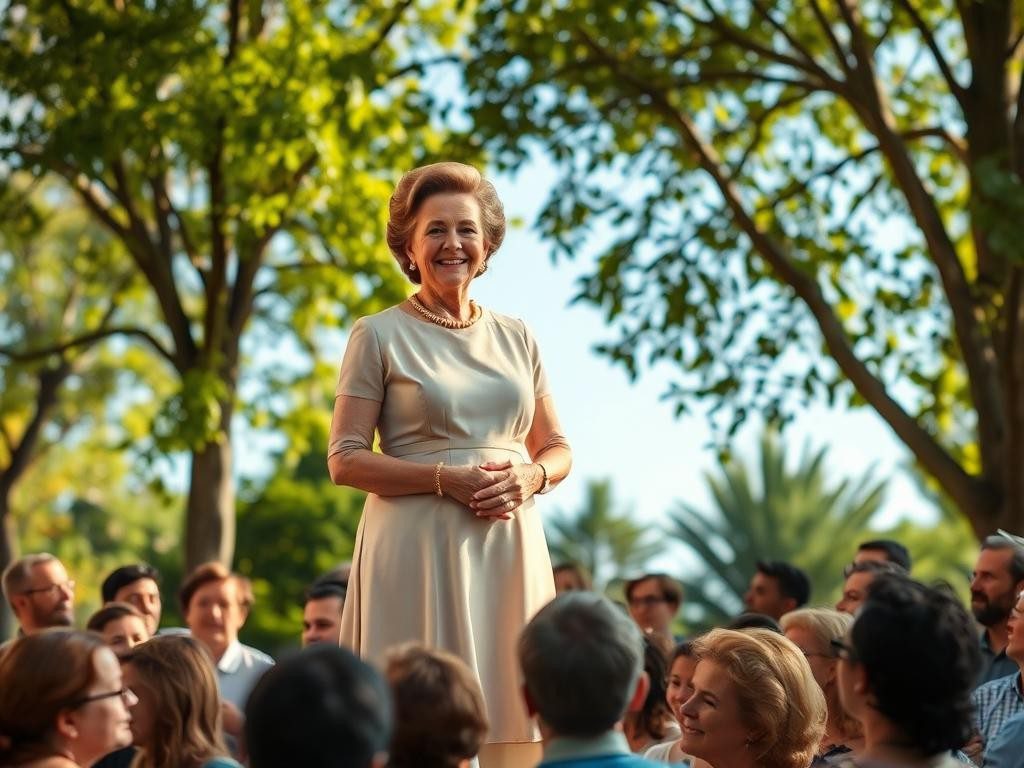 eleanor roosevelt en escenario soleado sonrisa calida fondo verde y azul