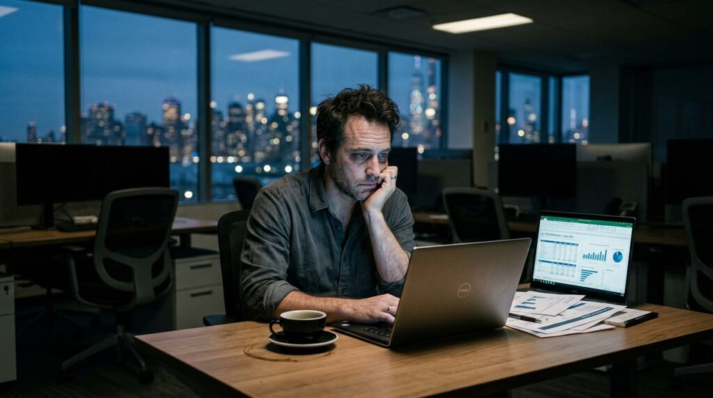 empleado cansado observando monitor en oficina solitaria