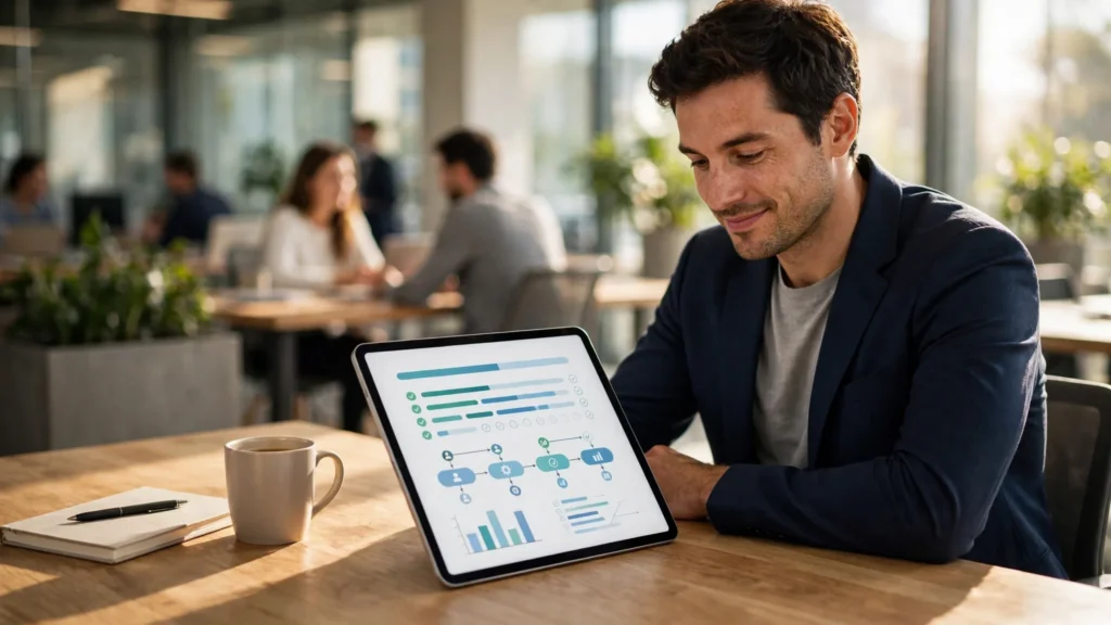 empleado navegando portal digital en tableta desde su escritorio