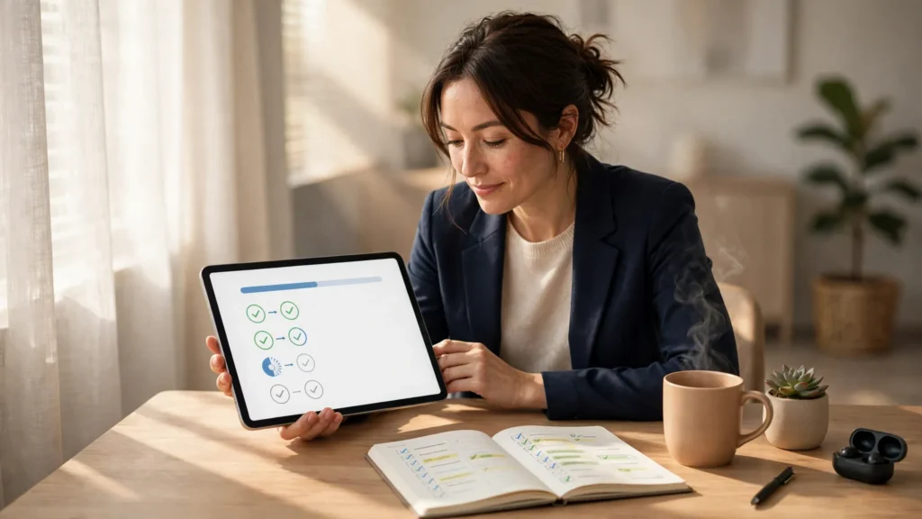 empleado recien contratado respondiendo encuesta digital en tableta desde escritorio