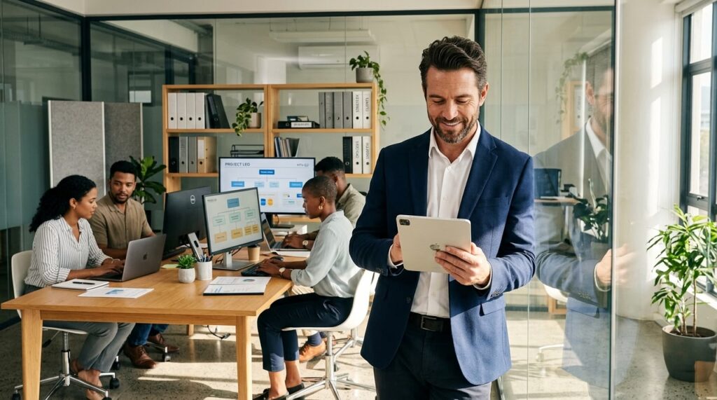 empresario revisa tableta en oficina luminosa organizada