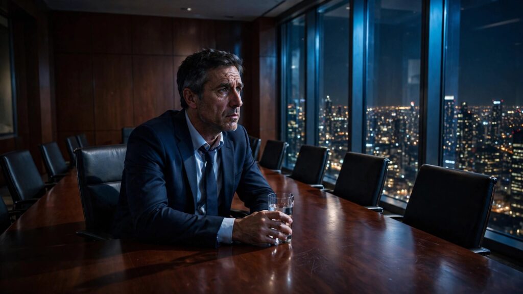empresario solo y pensativo mirando la ciudad de noche