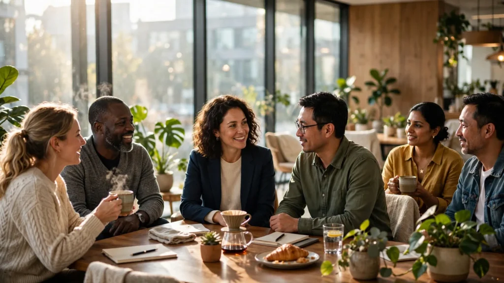 equipo de trabajo conversando en una oficina moderna e iluminada