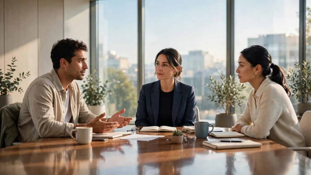 equipo de trabajo dialogando en sala soleada