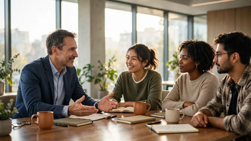 equipo de trabajo dialogando en una mesa de madera