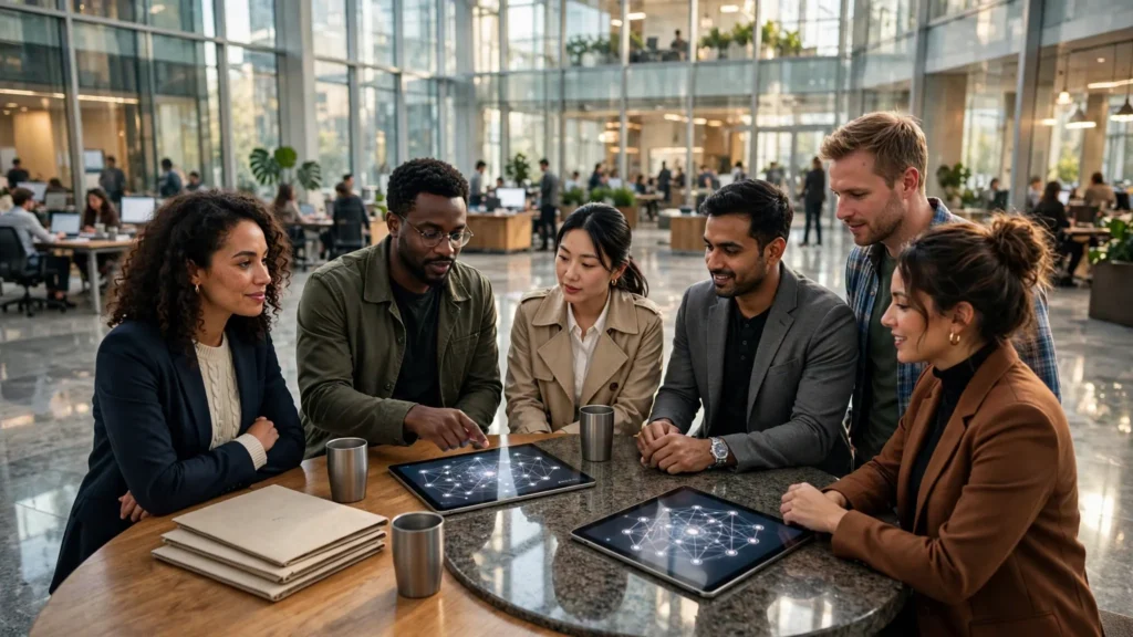 equipo de trabajo reunido junto a pantallas en atrio corporativo