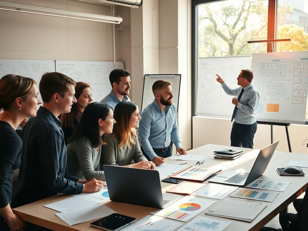 equipo diverso discuti estrategia en oficina luminosa con graficos y notas