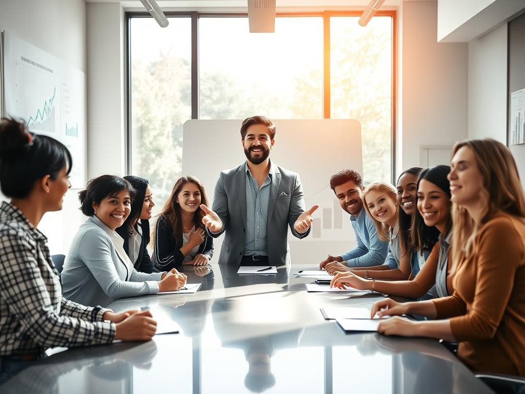 equipo diverso en mesa moderna luz natural lider inspirador ambiente motivador