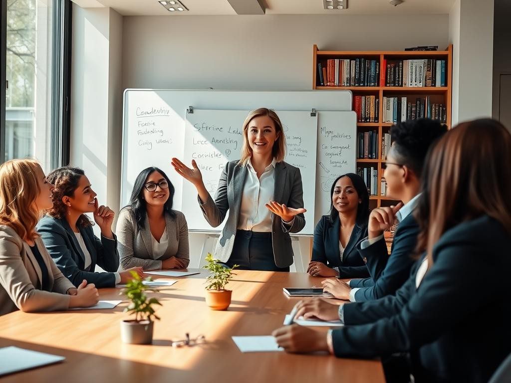 equipo diverso en mesa moderna mujer lider comparte luz natural y notas