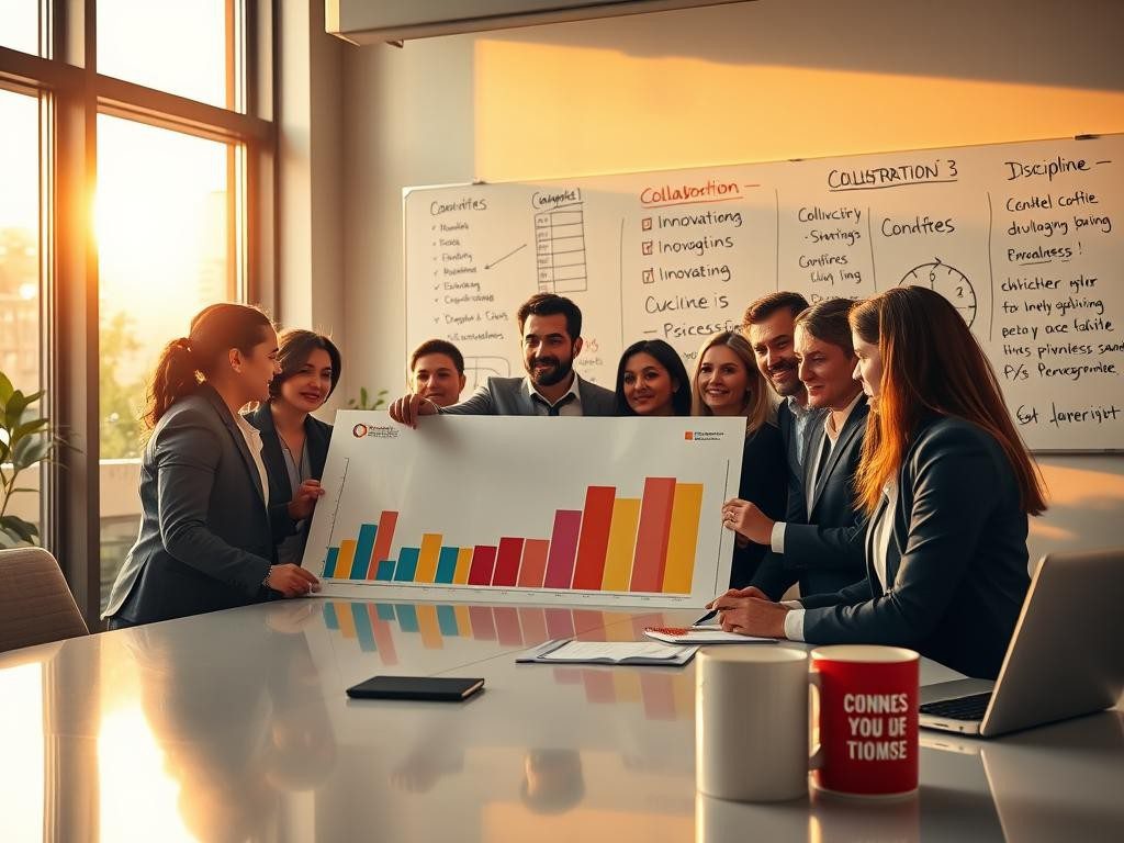 equipo diverso en oficina al amanecer trabajando con entusiasmo y enfoque