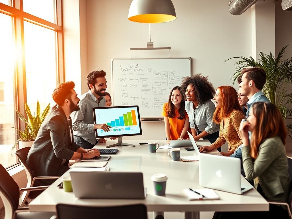 equipo diverso en oficina luminosa colaborando con entusiasmo y confianza