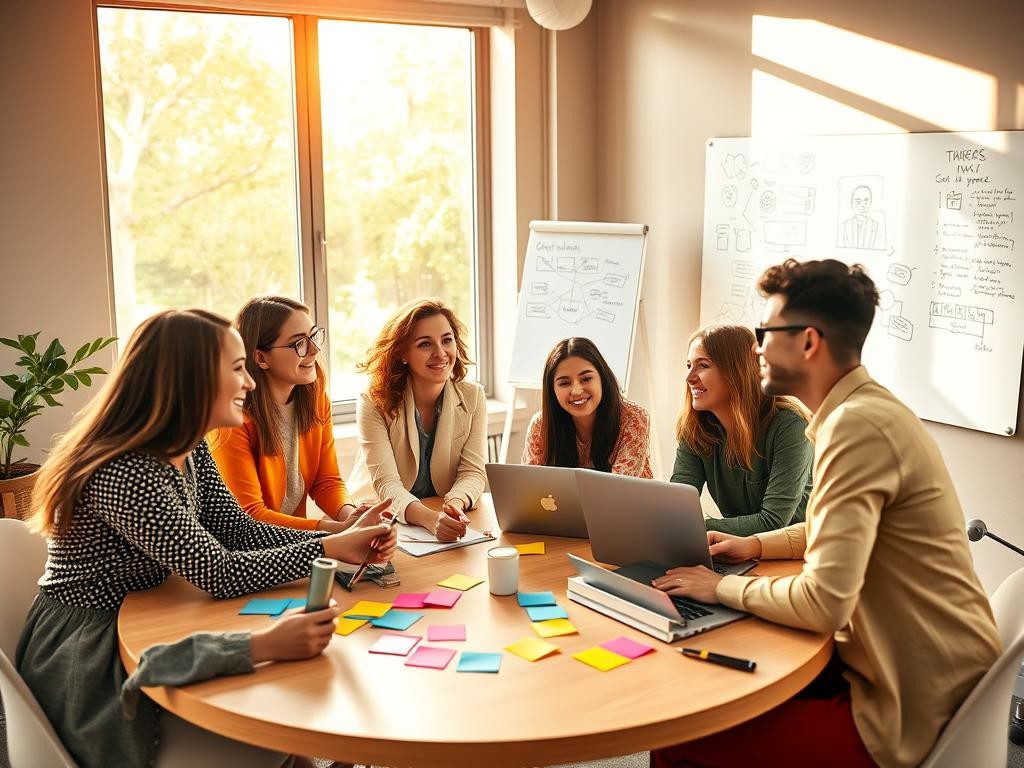 equipo diverso en oficina luminosa colaborando con entusiasmo y creatividad