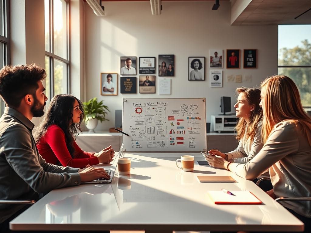 equipo diverso en oficina luminosa discuten ideas con entusiasmo y colaboracion