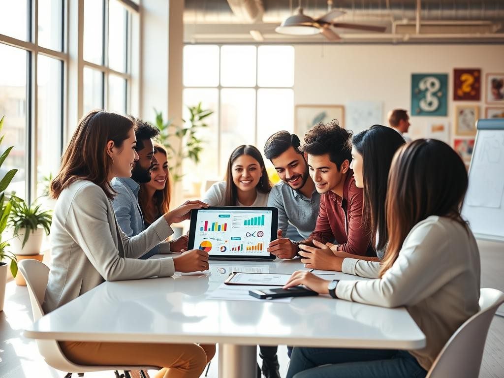 equipo diverso en oficina luminosa discuten ideas con entusiasmo y creatividad