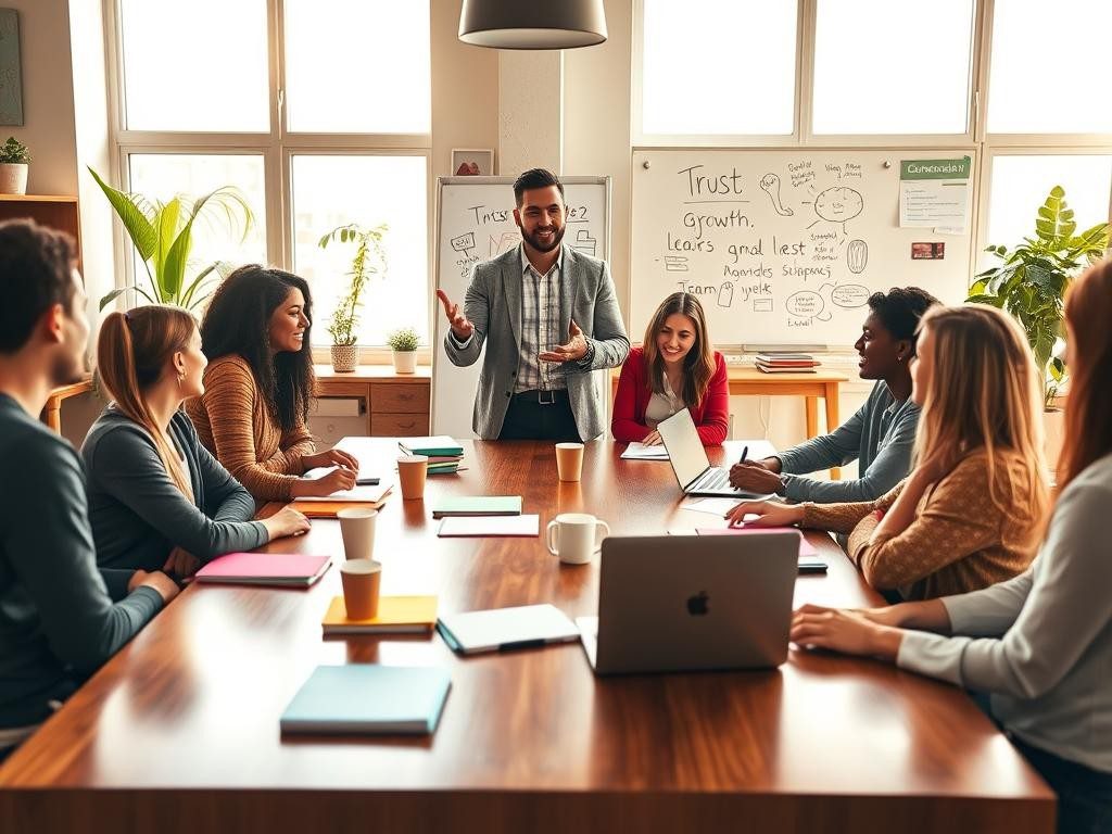 equipo diverso en oficina luminosa discutiendo con entusiasmo y colaboracion
