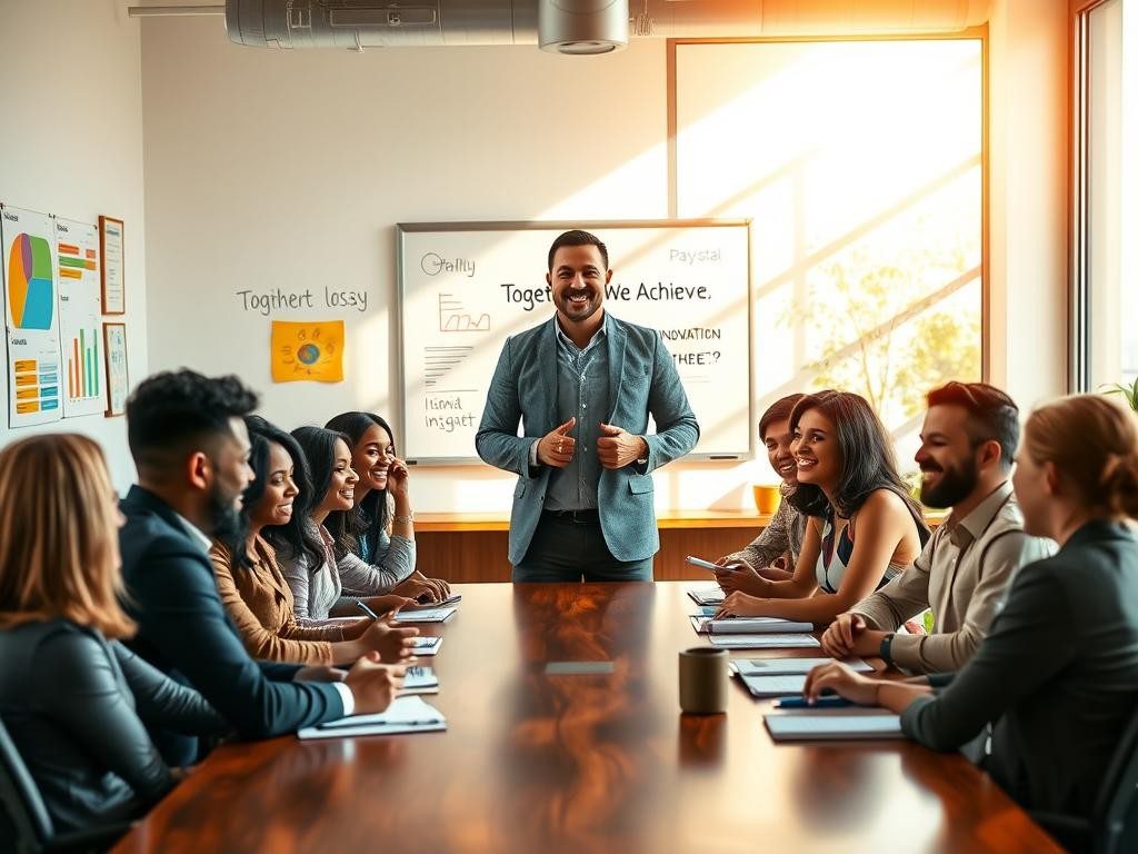equipo diverso en oficina luminosa lider motivador y ambiente colaborativo