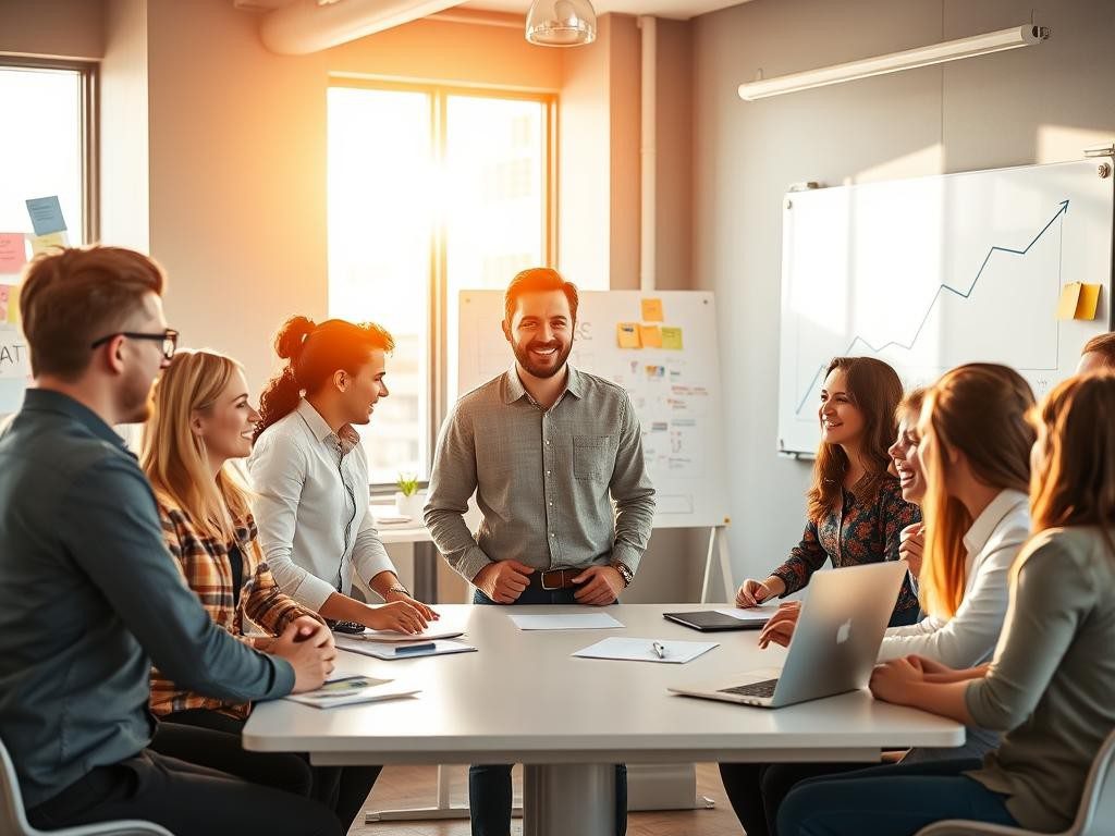 equipo diverso en oficina luminosa liderando con entusiasmo y colaboracion