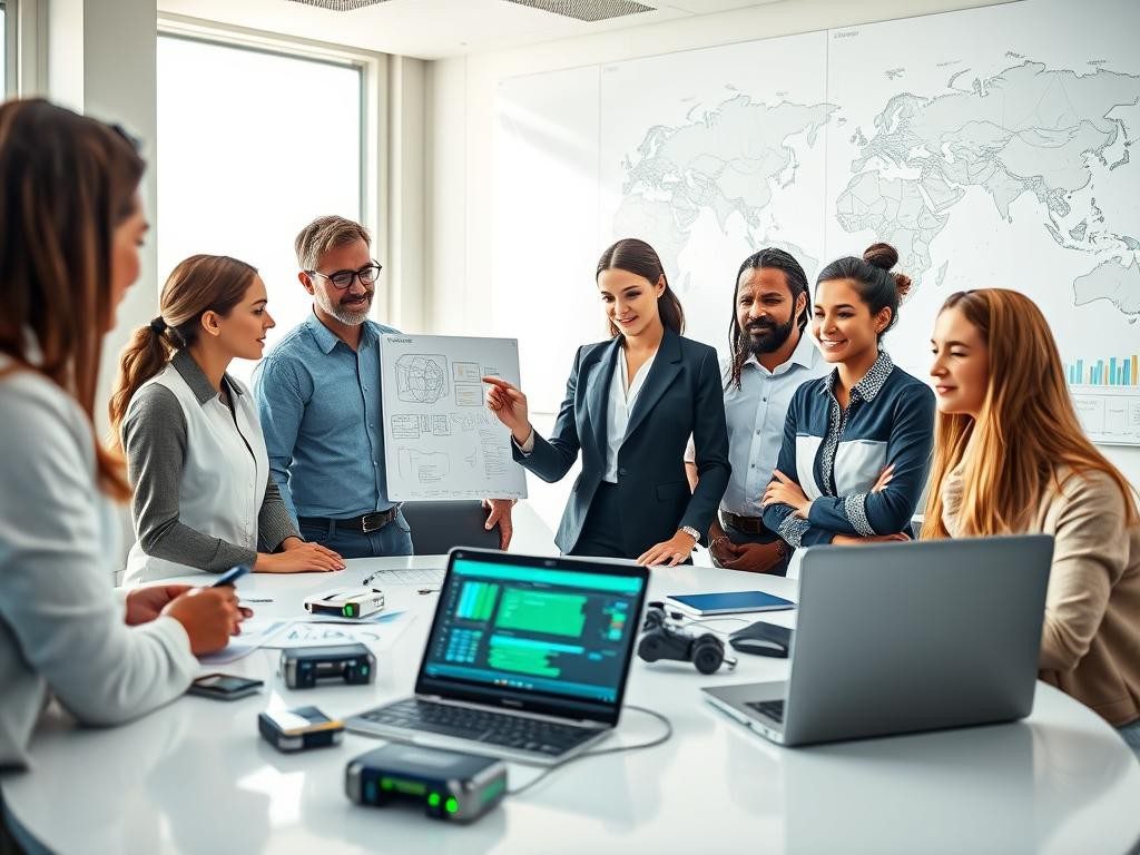 equipo diverso en oficina moderna discuten innovaciones tecnologicas y mapas