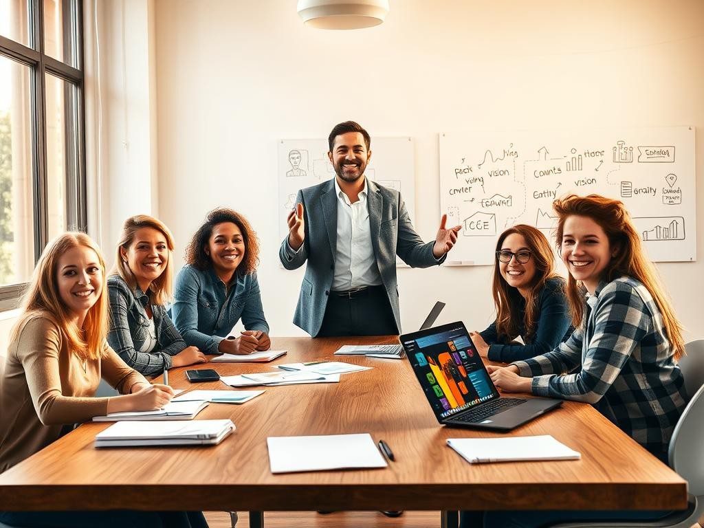 equipo diverso en oficina moderna liderando con entusiasmo y colaboracion