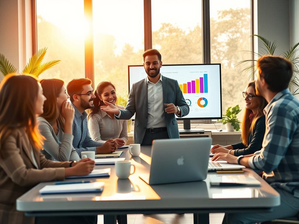 equipo diverso en oficina moderna liderando con entusiasmo y con colaboracion