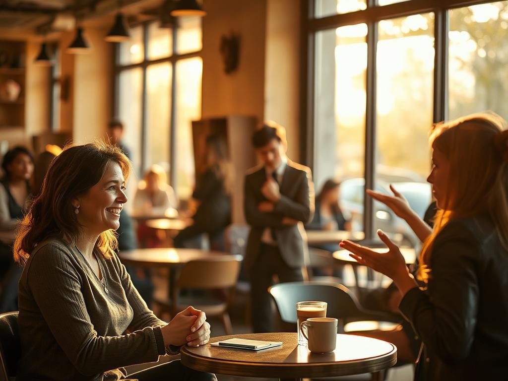 escena calida en cafeteria conversacion gestos y miradas bajo luz dorada