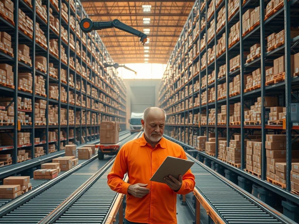 escena matutina en almacen de amazon con robots empleados y carga en marcha