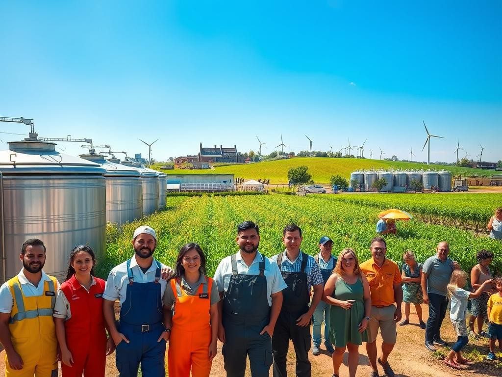 escena vibrante trabajadores campos verdes tecnologia y comunidad en armonia