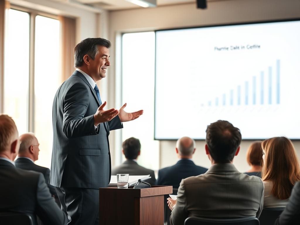 escenario profesional con orador confiado audiencia atenta y ambiente calido