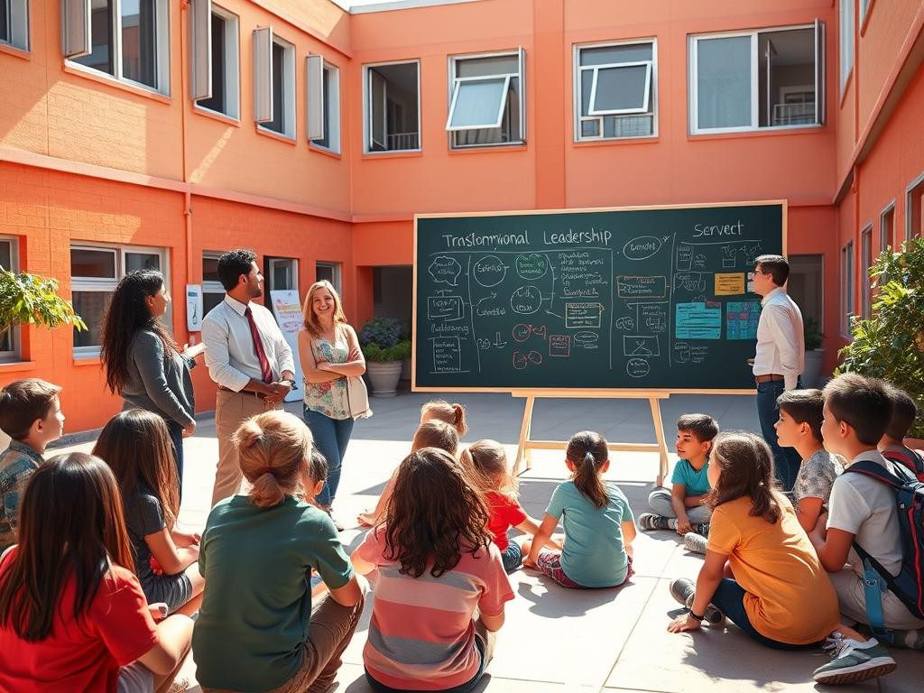 escuela luminosa con docentes y estudiantes interactuando en un patio vibrante