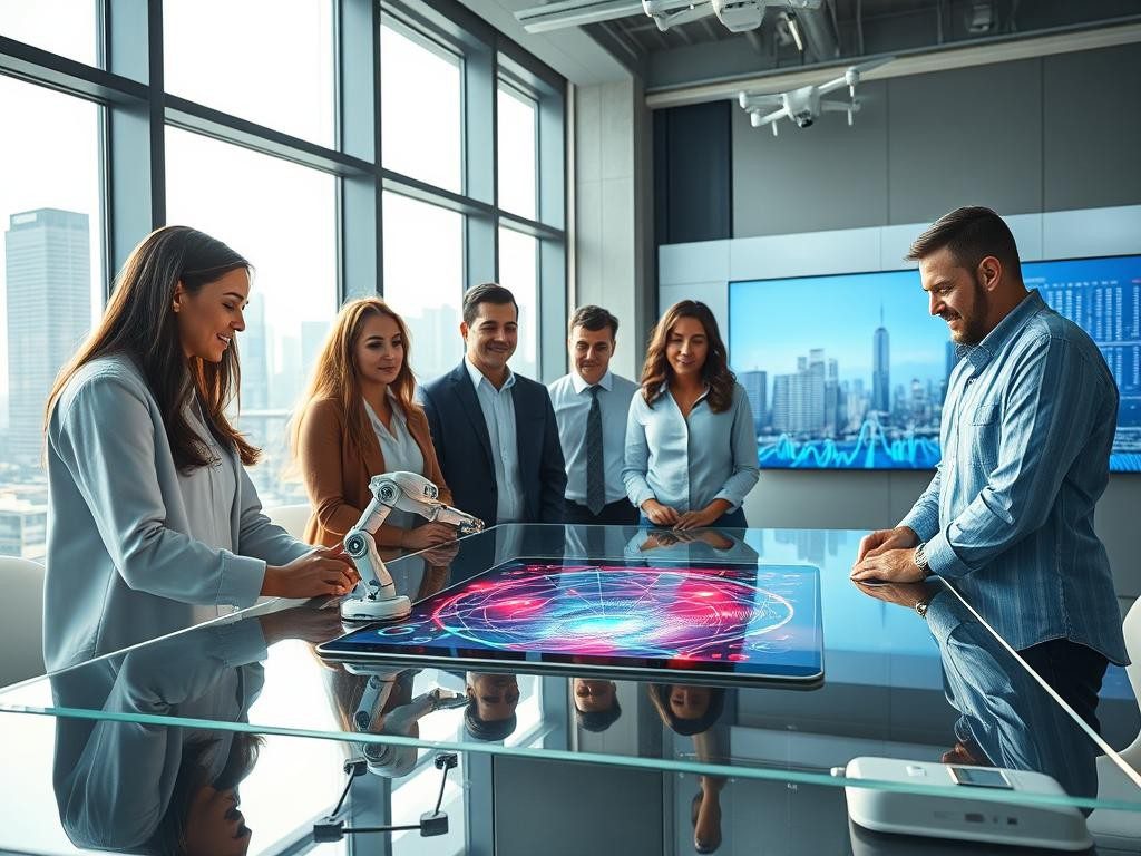 espacio moderno con profesionales tecnologia avanzada y ciudad futurista
