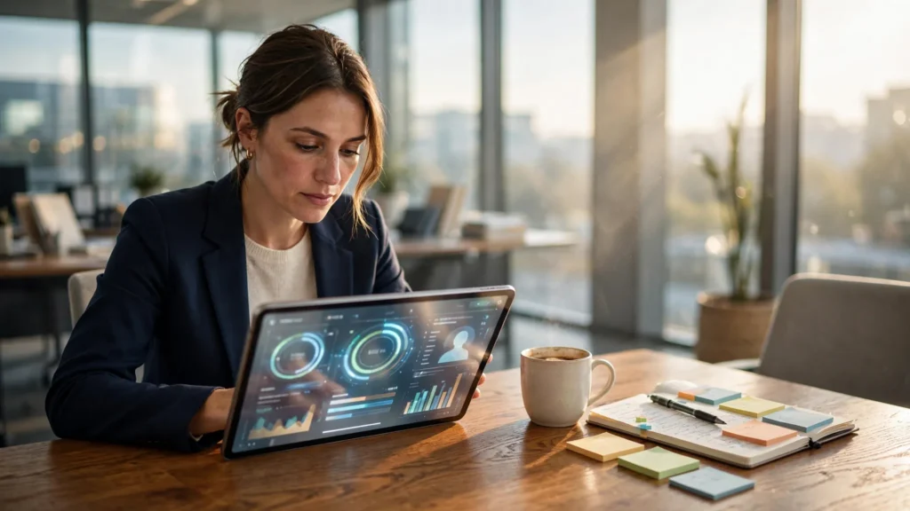 especialista de recursos humanos analizando evaluaciones en tableta