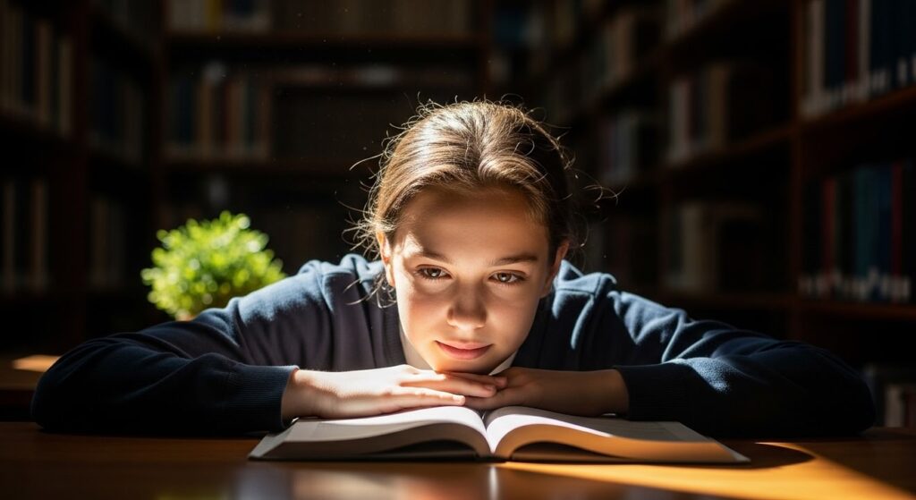 estudiante joven lee libro en biblioteca con luz solar