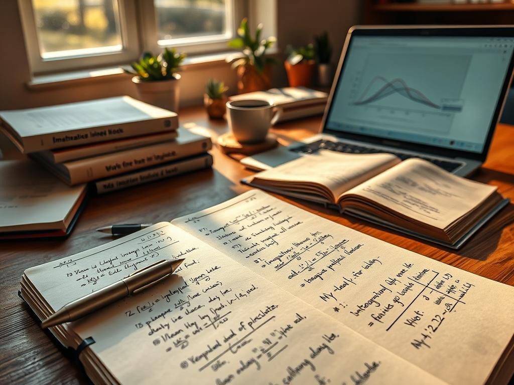 estudio calido con notas laptop libros y cafe en un ambiente ordenado